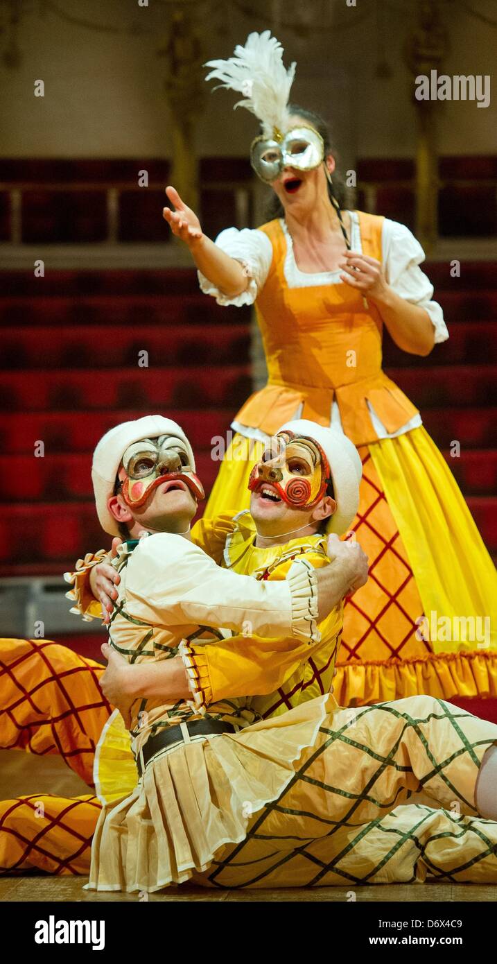 Actors of the Potsdam Ensemble I Confidenti show an excerpt of the play 'Hunger and Love' during a press performance at the Palace Theatre at Neuen Palais at Park Sanssouci in Potsdam, Germany, 24 April 2013.  The Baroque Theatre Summer Sanssouci 2013 is this year dedicated to the Commedia dell'Arte: 'Hunger and Love' (I casi della fame dell'amore) is the musical farce, in which the famous masks and characters of the Comedie Italienne are encountered. Photo: Patrick Pleul Stock Photo