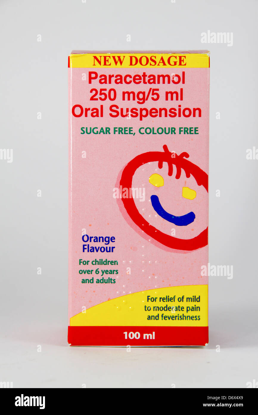 Paracetamol suspension painkiller for children in box Stock Photo