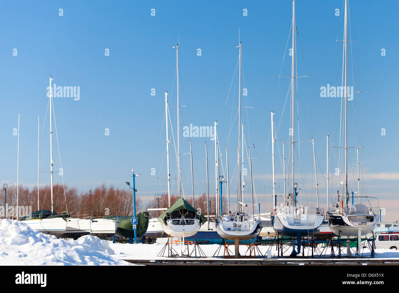 Luxury yachts on the coast in winter season. Tallinn, Estonia Stock Photo