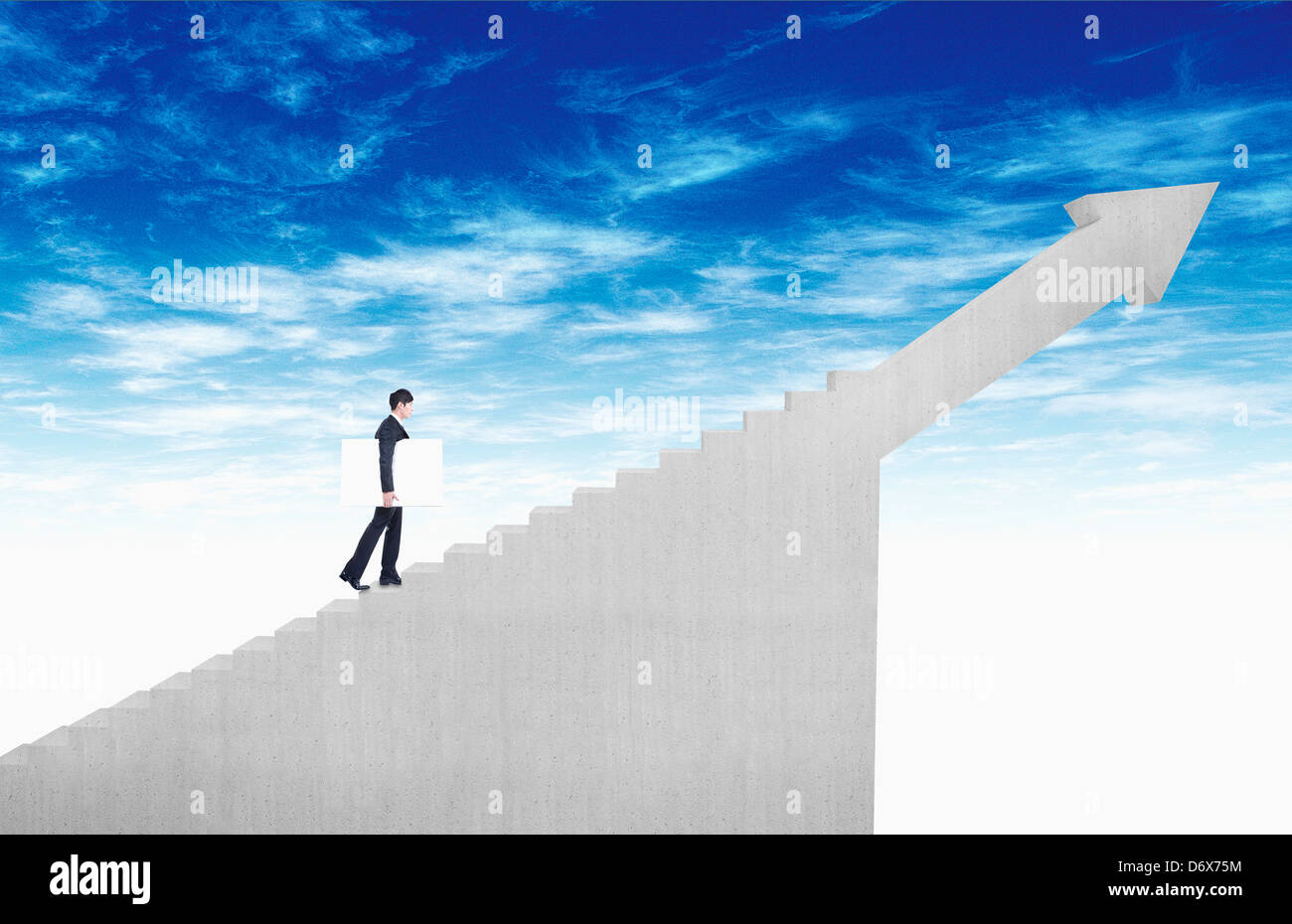 a businessman climbing up stairs with an arrow in the end Stock Photo ...