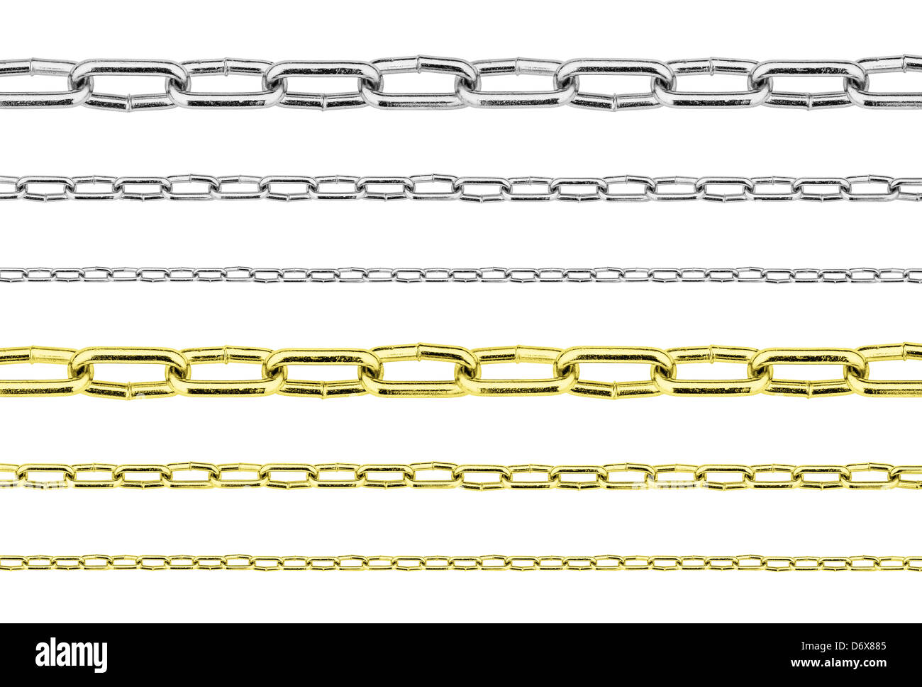 golden and silver steel chains set isolated on white Stock Photo