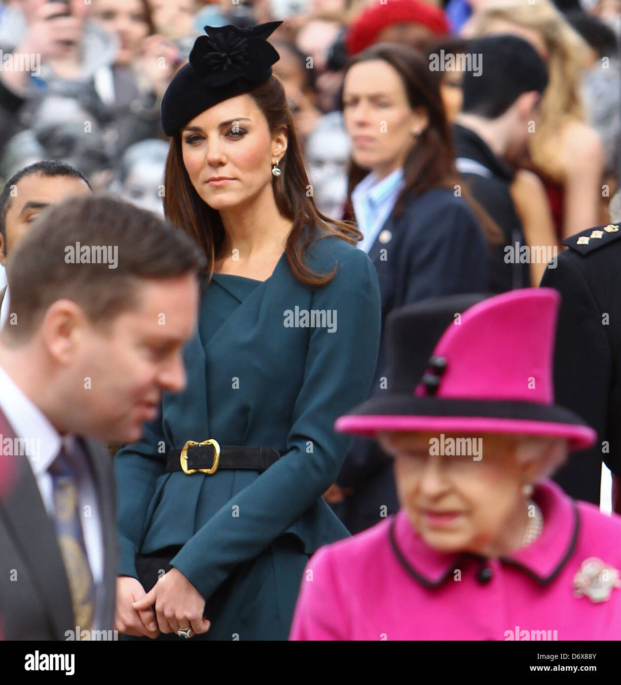 Queen Elizabeth II and Catherine, Duchess of Cambridge, aka Kate Middleton at De Montfort University during a visit to Stock Photo