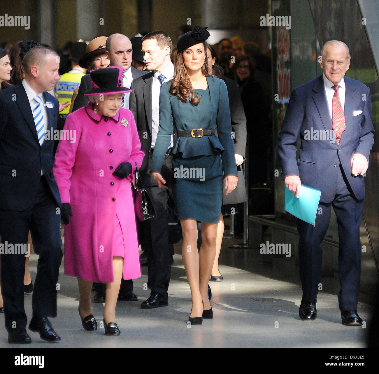 Queen Elizabeth II, Catherine, Duchess of Cambridge, aka Kate Middleton and Prince Philip, Duke of Edinburgh arrive at St Stock Photo