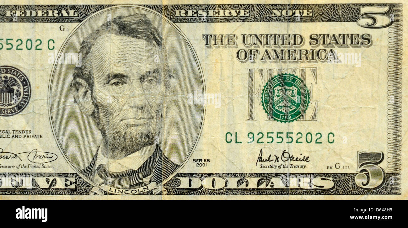 USA Five 5 Dollar Bank Note Stock Photo