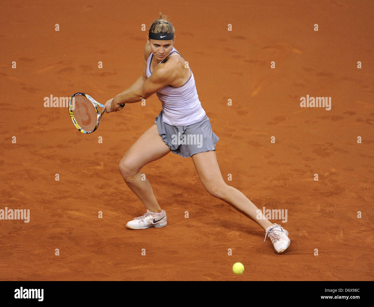 Lucie Safarova from the Czech Republic hits the ball during the first-round match of the WTA Tennis Grand Prix against Barthel from Germany at Porsche Arena in Stuttgart, Germany, 24 April 2013. Photo: DANIEL MAURER Stock Photo