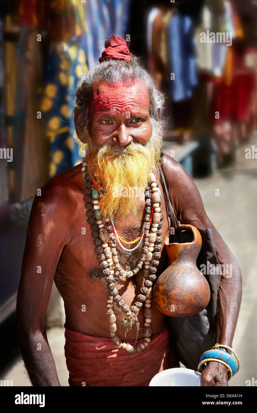 Holy Man - Sadhu, Indian Hindu Holy Man with beard, portrait, street of Pushkar, Rajasthan, India Stock Photo
