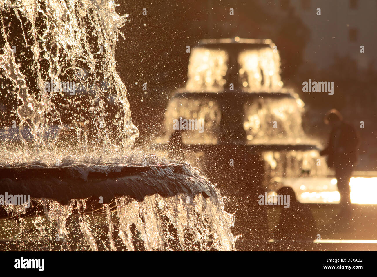 Fountain in winter time before Wiesbaden Spa house, Hesse, Germany Stock Photo