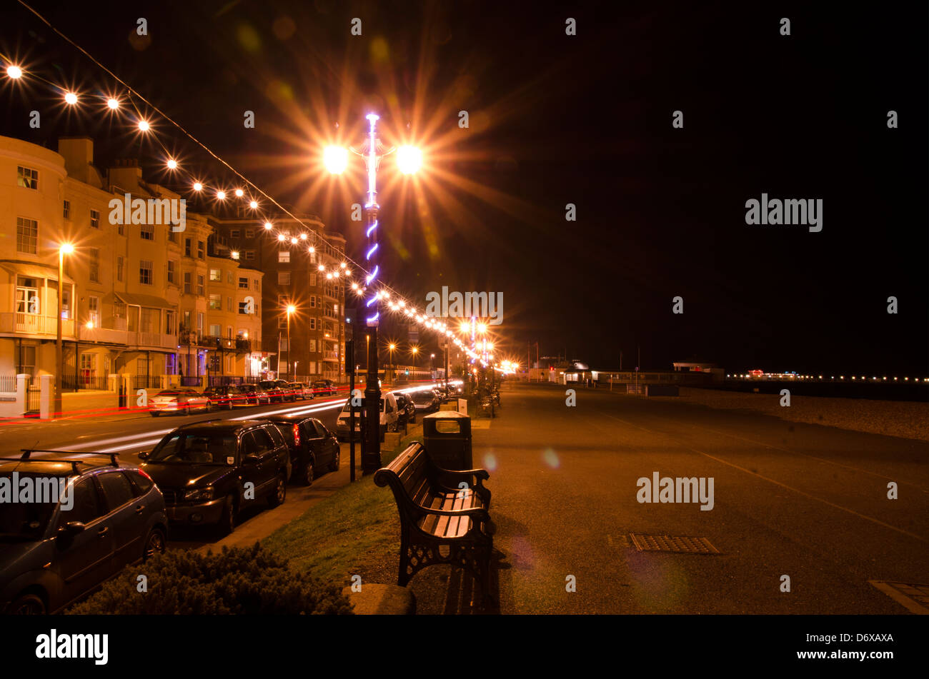 Worthing Seafront by Night with Streetlights Stock Photo