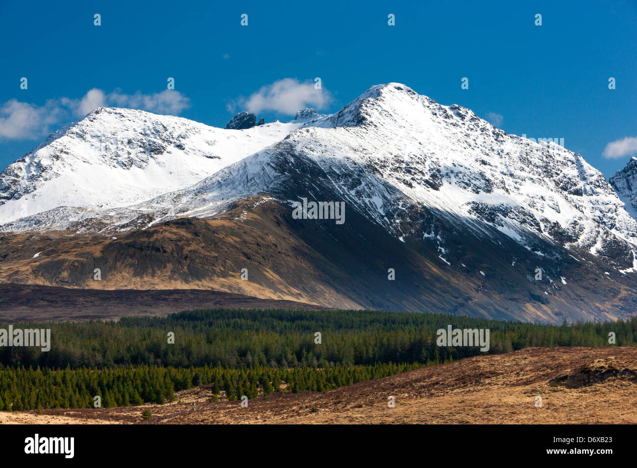 A view towards Sgurr nan Gillean, Black Cuillins range, Isle of Skye, Inner Hebrides, Scotland, United Kingdom, Europe. Stock Photo