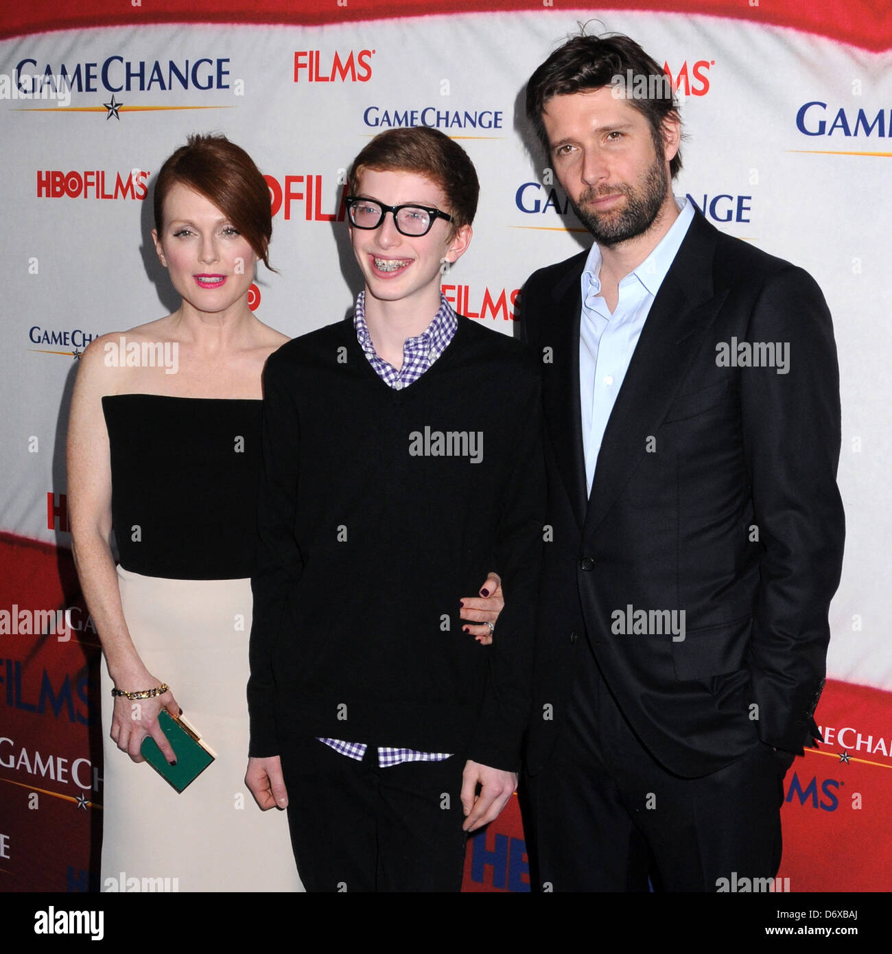 Julianne Moore, Caleb Freundlich and Bart Freundlich New York Premiere of 'Game Change' at the Ziegfeld Theatre - Arrivals New Stock Photo