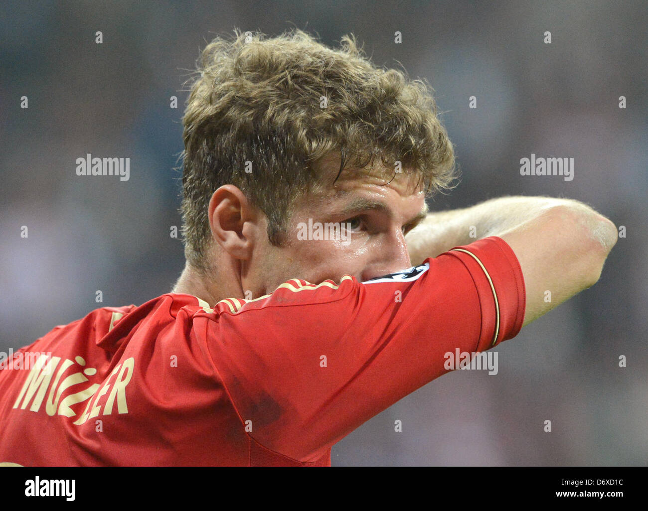 Munich's Thomas Mueller in action during the UEFA Champions League semi final first leg soccer match between FC Bayern Munich and FC Barcelona at Fußball Arena Muenchen in Munich, Germany, 23 April 2013. Photo: Peter Kneffel/dpa Stock Photo