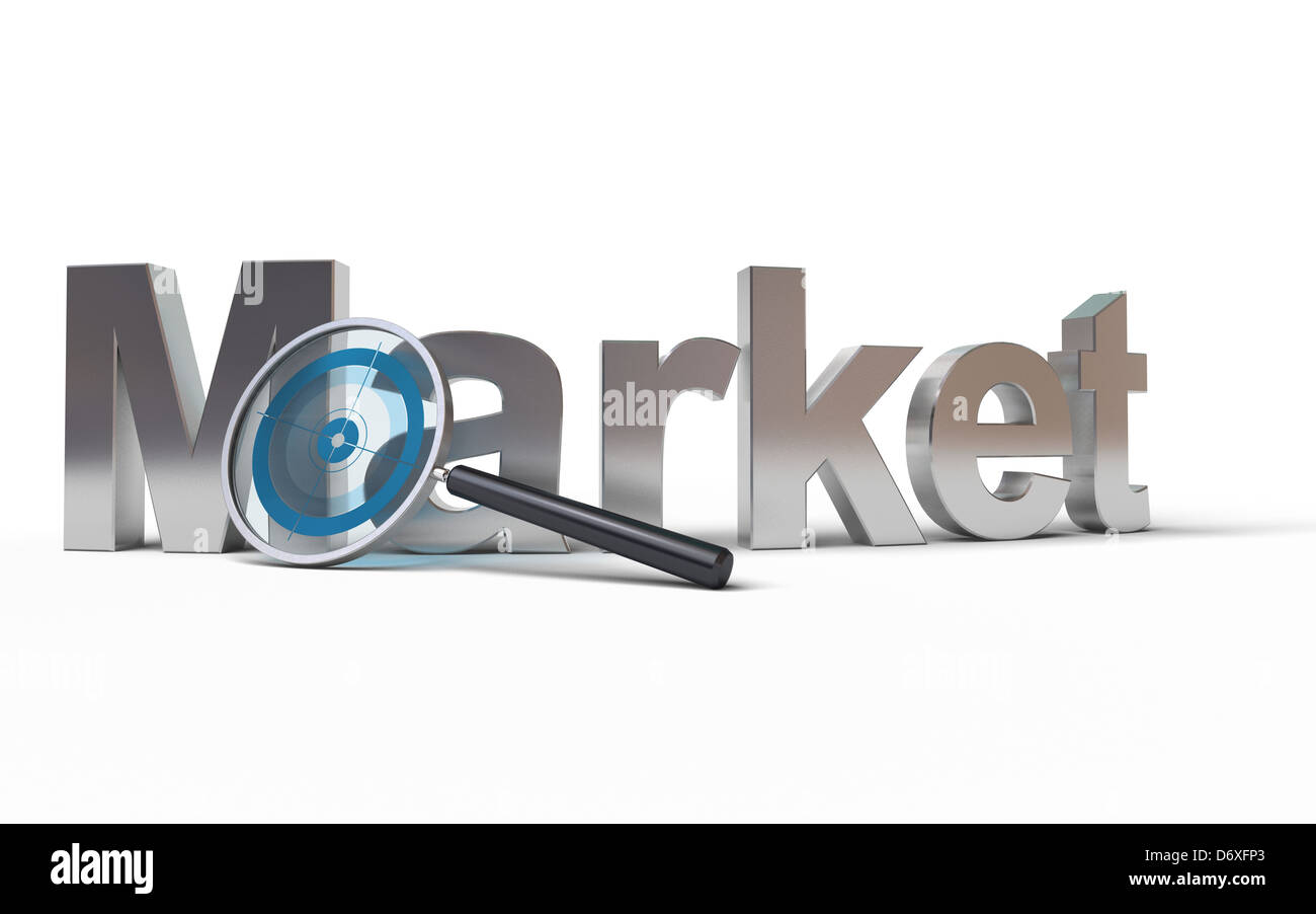 Market word with a magnifying glass at the front with a focus inside, image is over a white background Stock Photo
