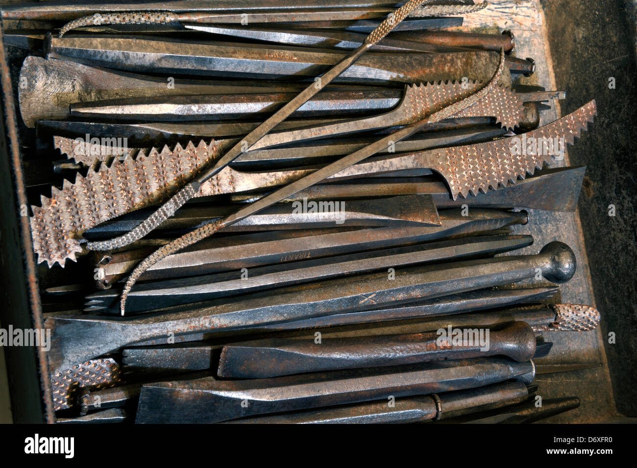 Box of stone carving tools Stock Photo