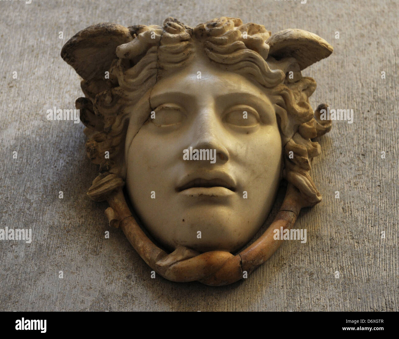 Medusa Rondanini. The Gorgon. Head on the shield of the cult statue in the Parthemon. Copy. Glyptothek. Munich. Germany. Stock Photo