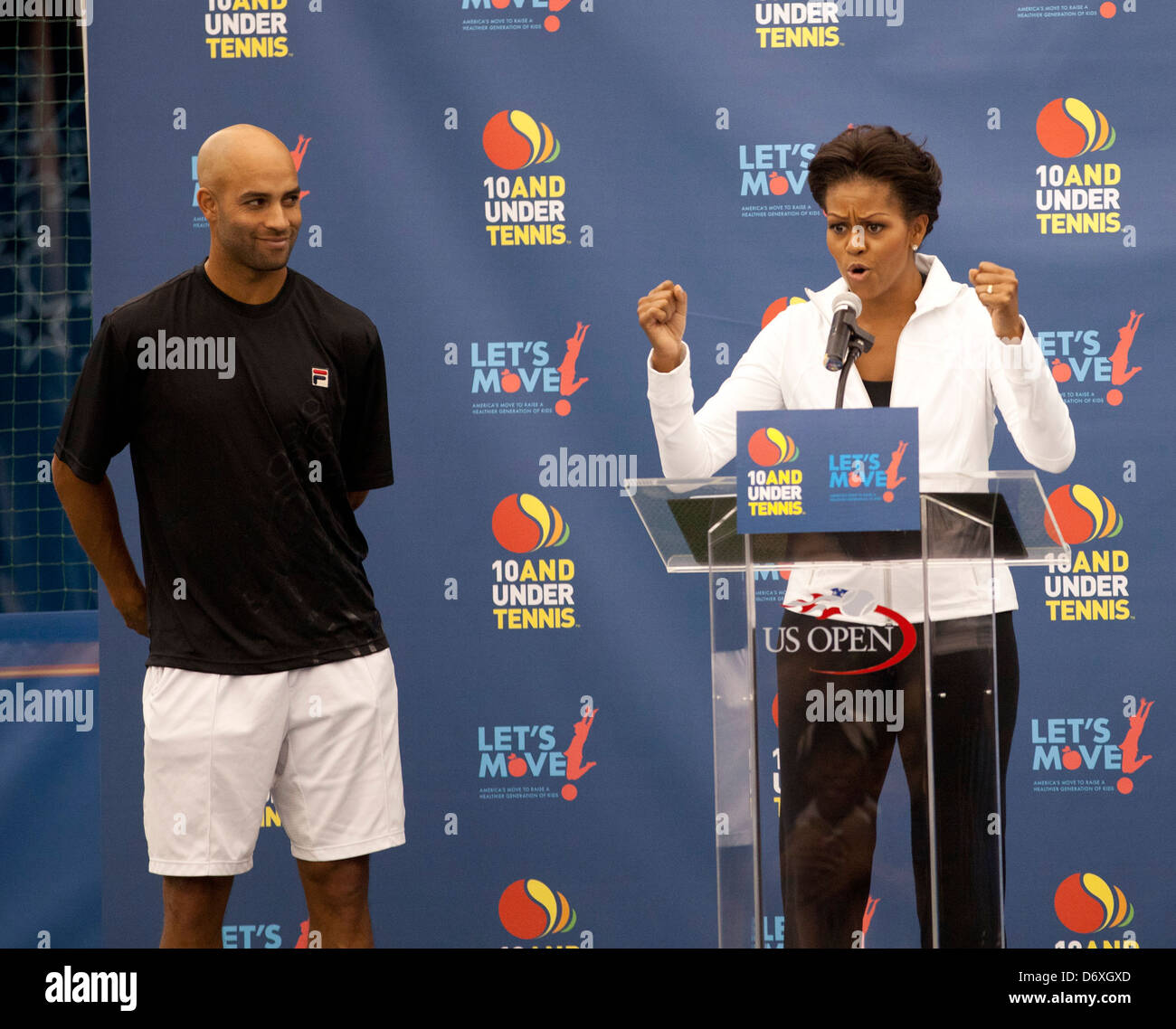 Michelle Obama, James Blake First Lady Michelle Obama joins tennis