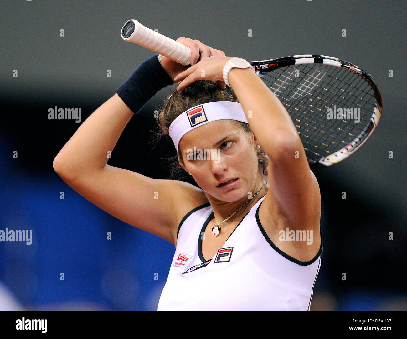 Julia Georges from Germany reacts during the first-round match of the WTA  Tennis Grand Prix
