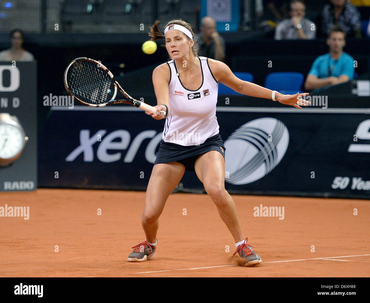 Julia Georges from Germany hits the ball during the first-round match of  the WTA Tennis Grand Prix against Flipkens from Belgium at Porsche Arena in  Stuttgart, Germany, 24 April 2013. Photo: DANIEL