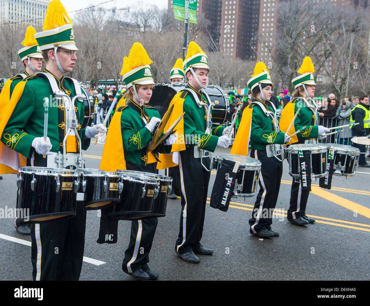 Band marching at the annual Saint Patrick's Day Parade in Chicago Stock Photo