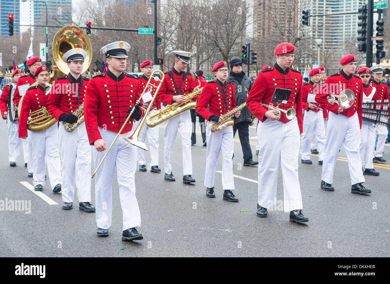 Band marching at the annual Saint Patrick's Day Parade in Chicago Stock Photo