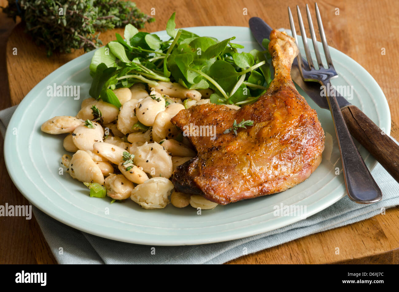 Confit duck with beans and watercress Stock Photo