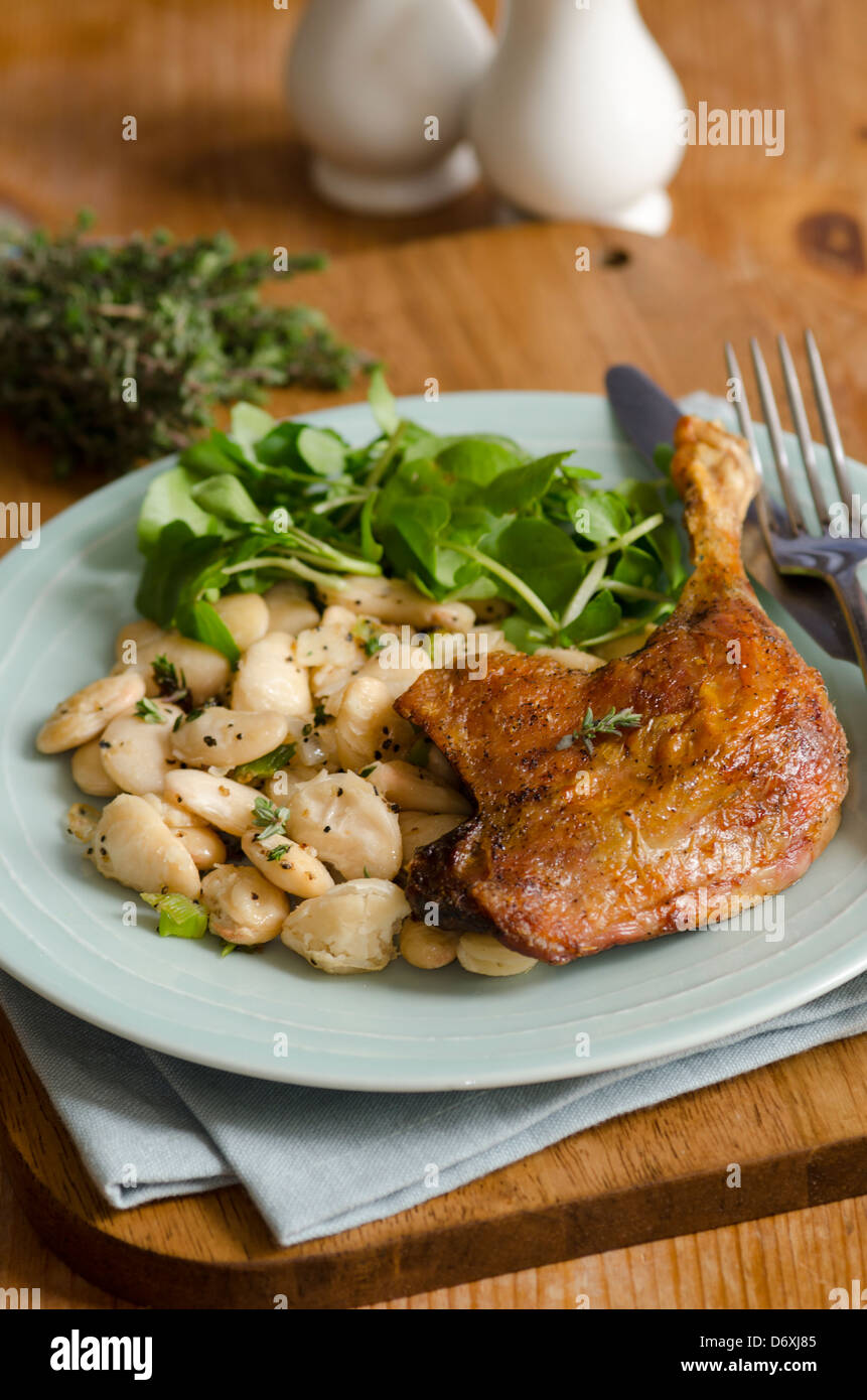 Confit duck with beans and watercress Stock Photo