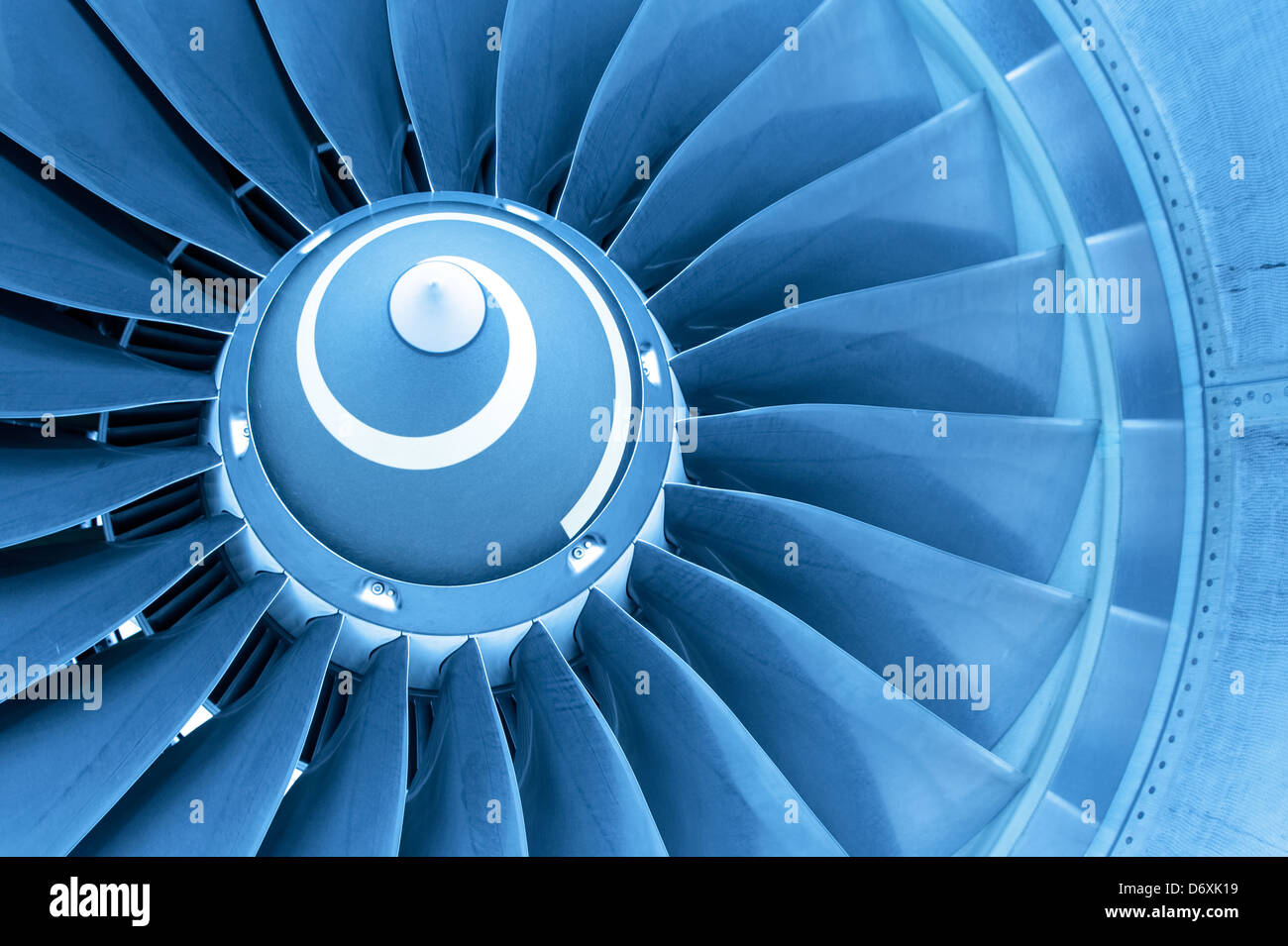 Titan blades of jet plane engine in blue light Stock Photo