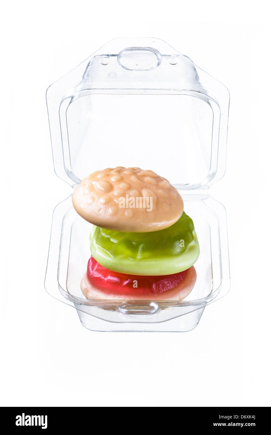 Fruit Gum, shaped like a hamburger on white background Stock Photo