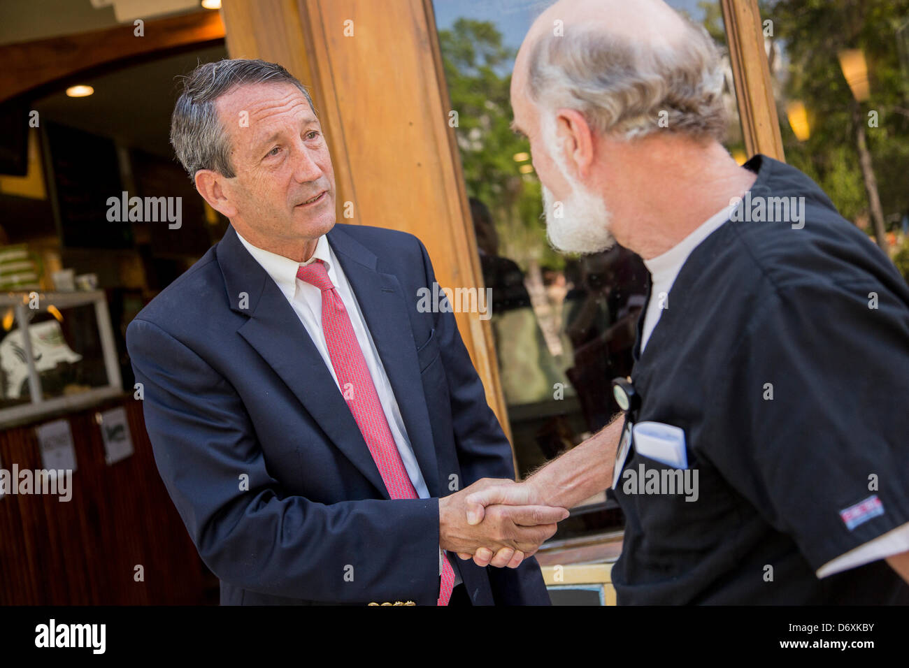 Former South Carolina Governor Mark Sanford greets a supporter while campaigning April 24, 2013 in Charleston, South Carolina. Stock Photo