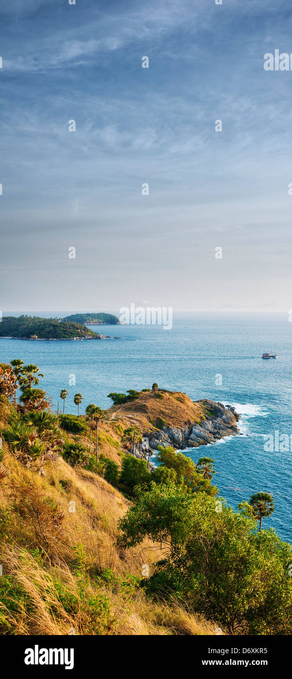 Vertical panoramic view of Promthep cape in the evening. Phuket island, Thailand. HDR processed. Stock Photo