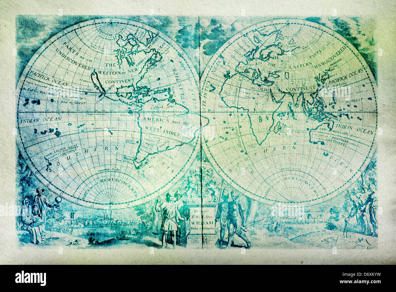 Ancient map of the World on roughly textured paper Stock Photo