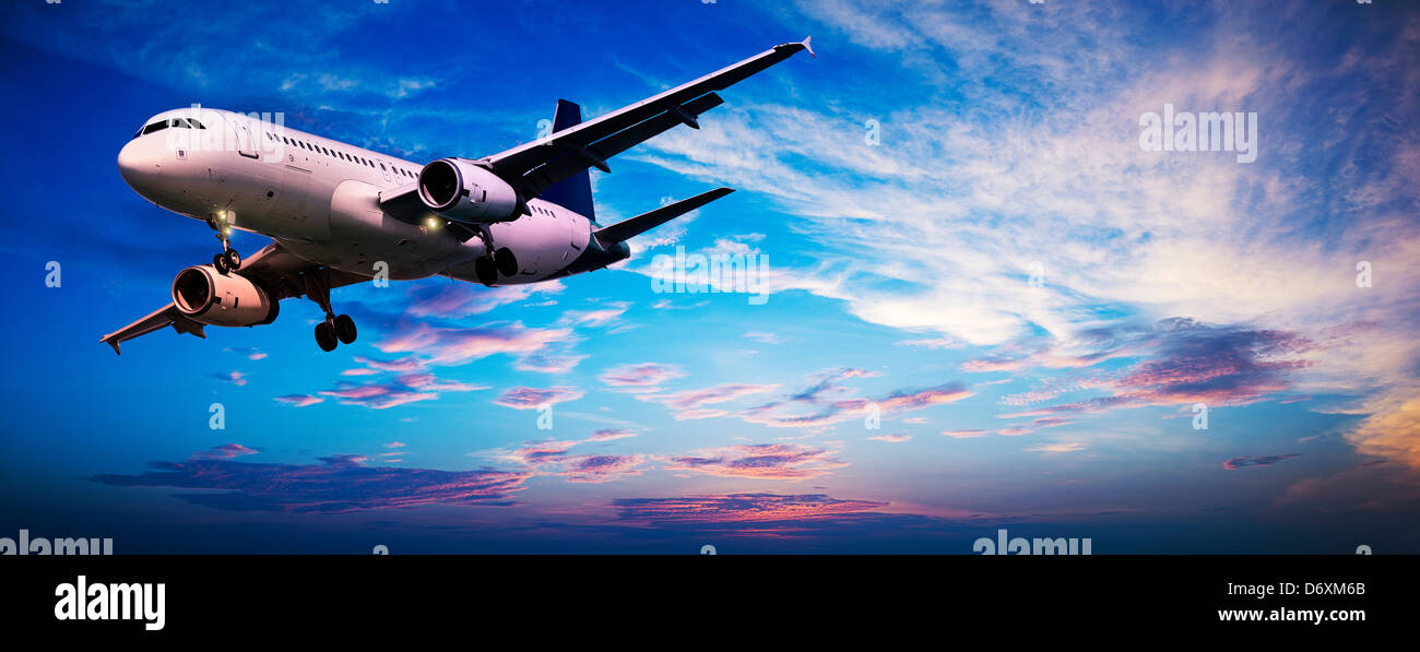 Jet aircraft in a sunset sky. Panoramic composition. Stock Photo