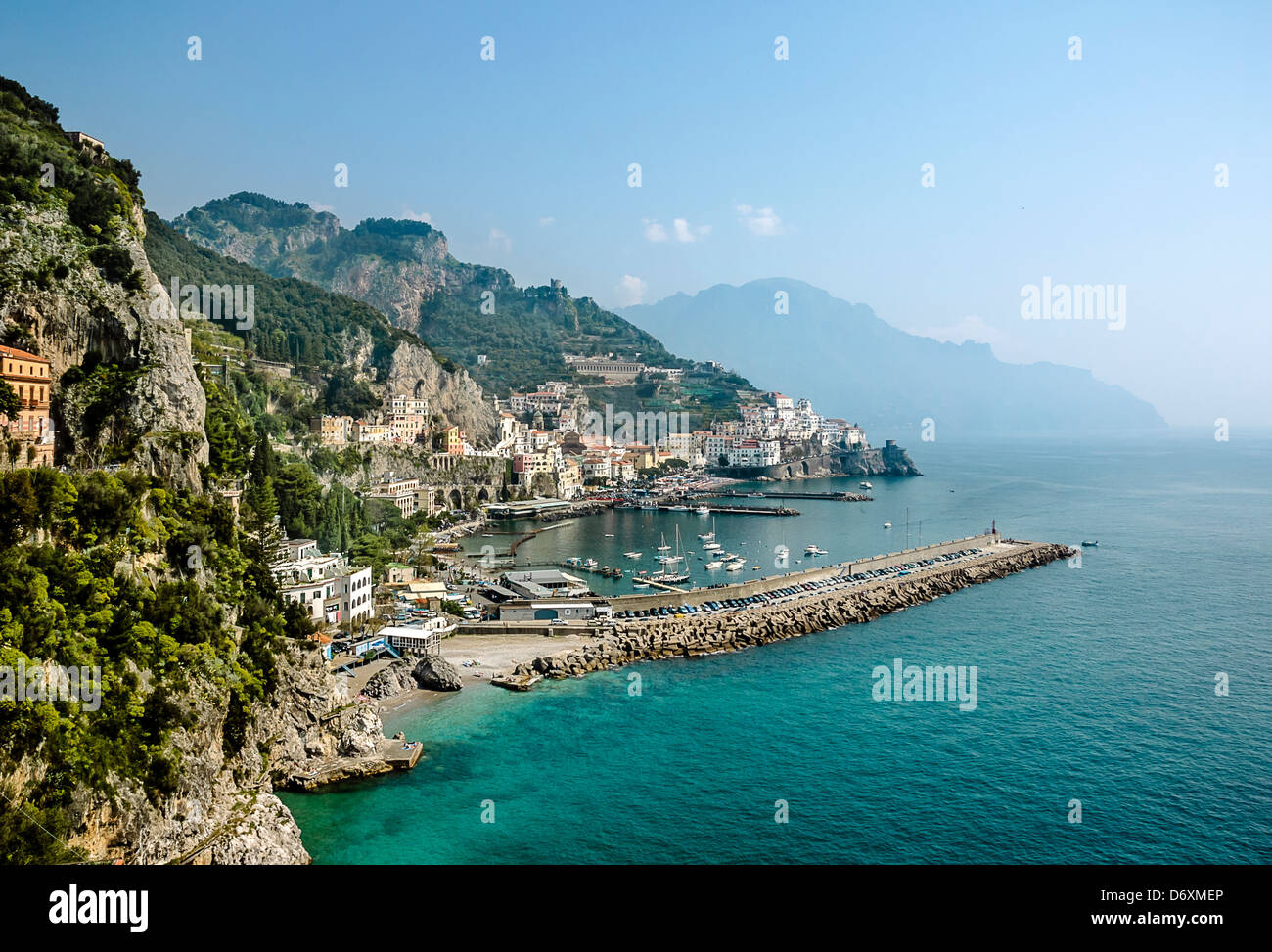 View of Amalfi and its coastline from a high angle, Amalfi coast, Province of Salerno, Campania, Italy, Europe public ground Stock Photo