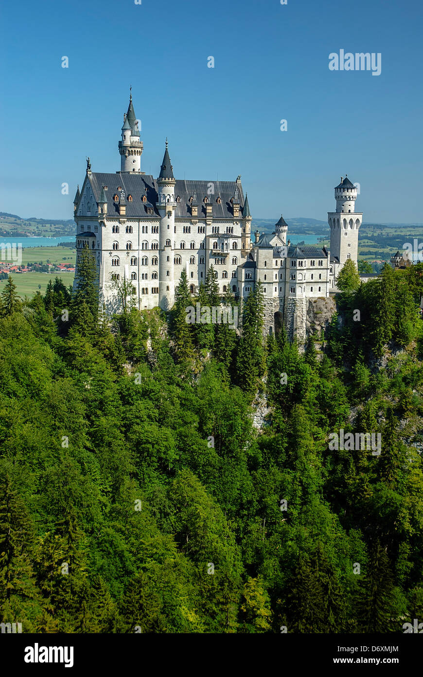 Neuschwanstein Castle was built by King Ludwig II, Fuessen, Schwangau, Allgaeu, Bavaria, Germany Image taken from public ground Stock Photo