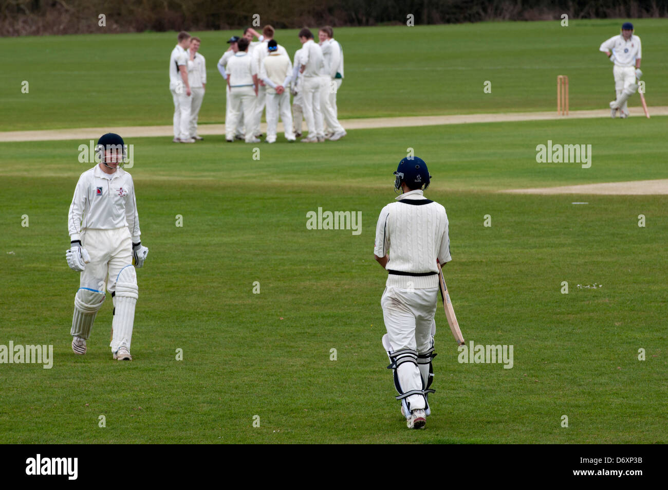 University sports, cricket, new batsman going onto pitch. Stock Photo