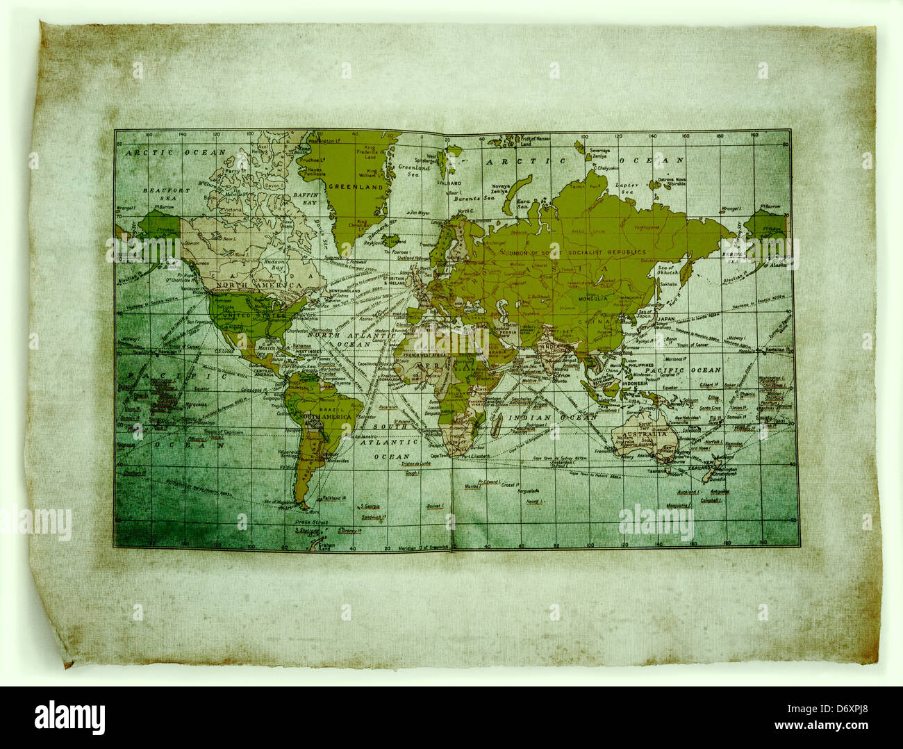 Map of the World on old dirty curled parchment Stock Photo