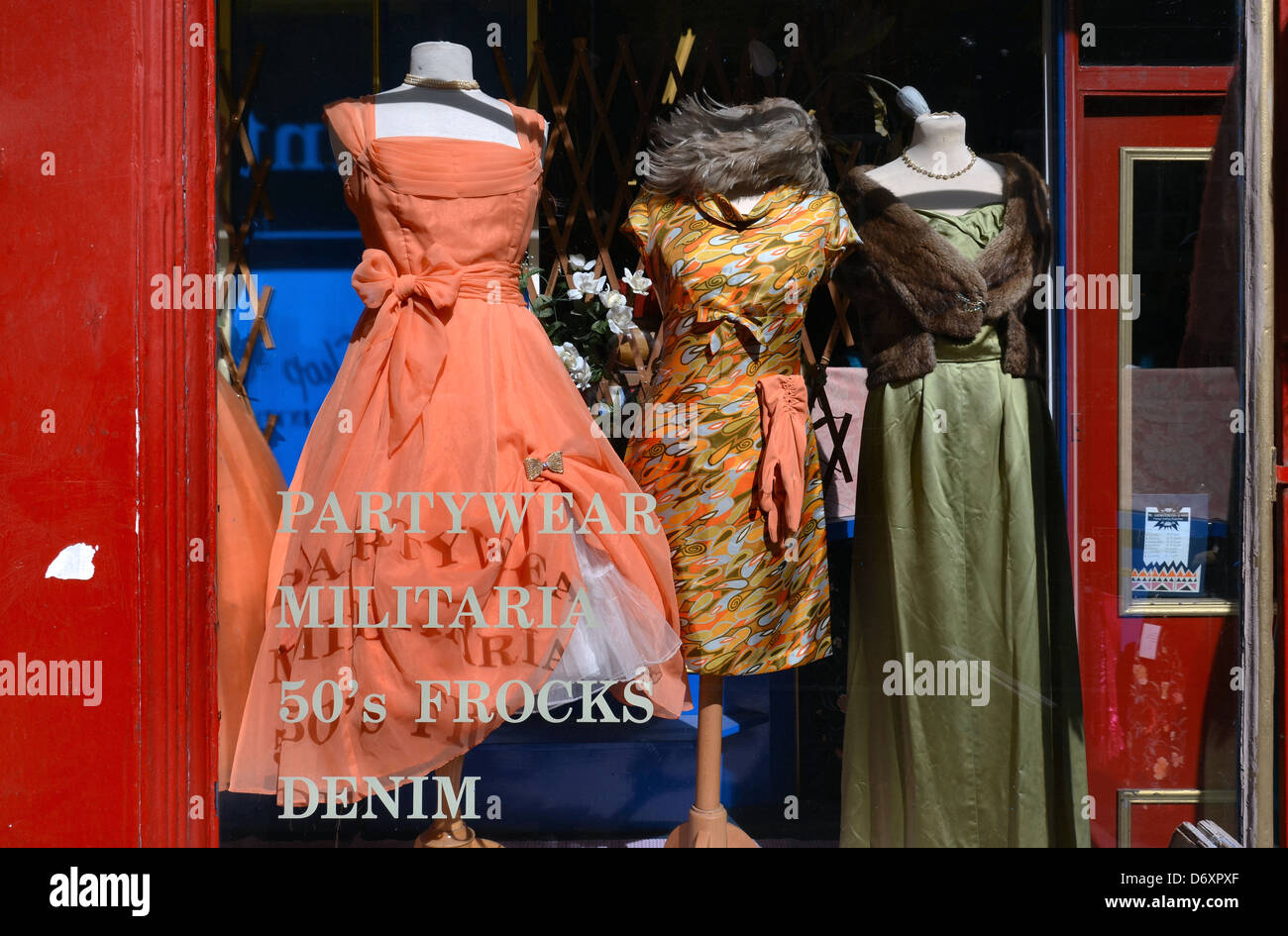 Vintage dresses in  the window of a branch of Armstrong's vintage clothing store in Edinburgh, Scotland, UK. Stock Photo