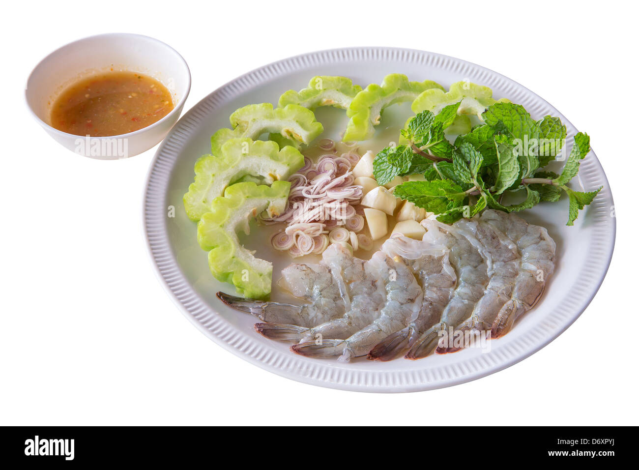 Raw Shrimp Marinated In Fish Sauce Serve With Chillies Garlic Lemon Grass Bitter Cucumber Mint And Spring Onions Stock Photo Alamy