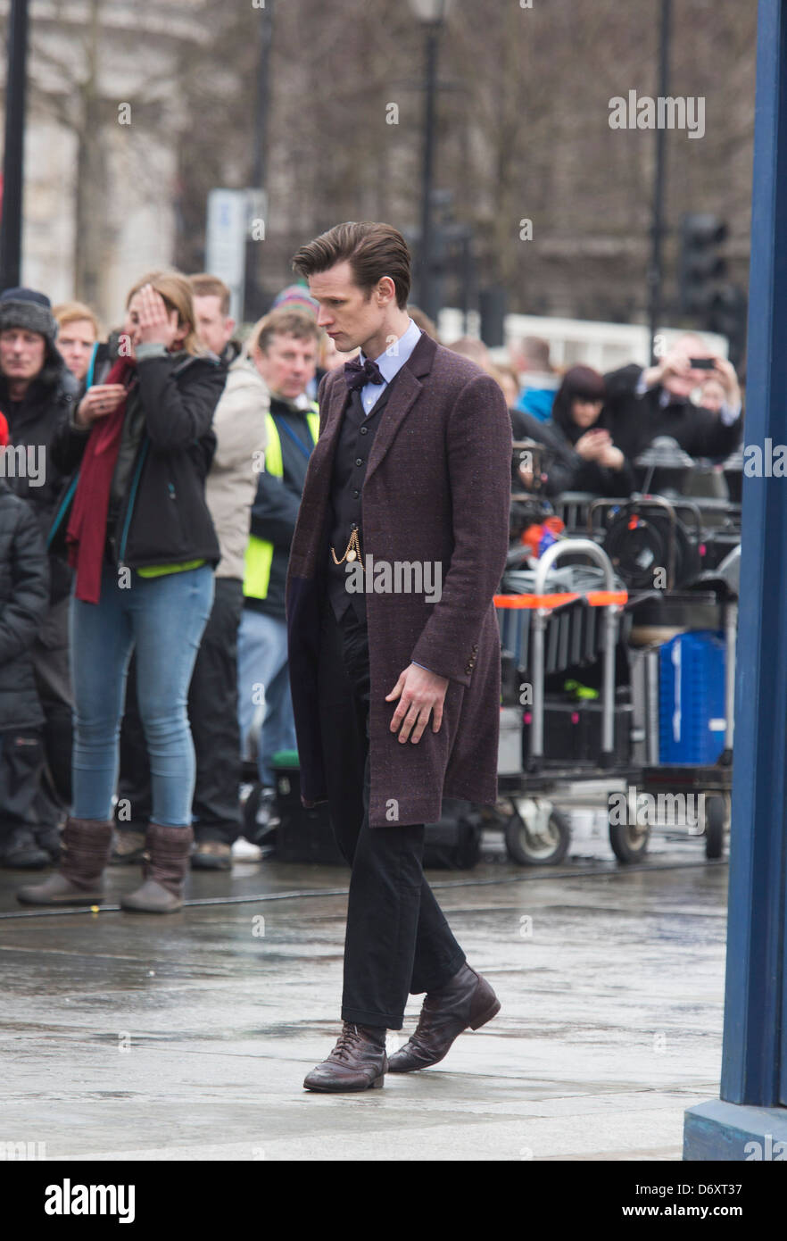 Filming of a "Dr Who" episode in London's Trafalgar Square with Matt