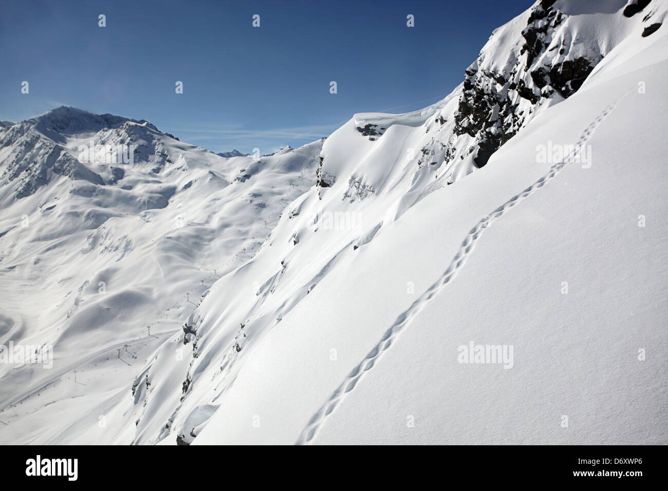 Tracks in the snow. Skiing in Meribel, France Stock Photo
