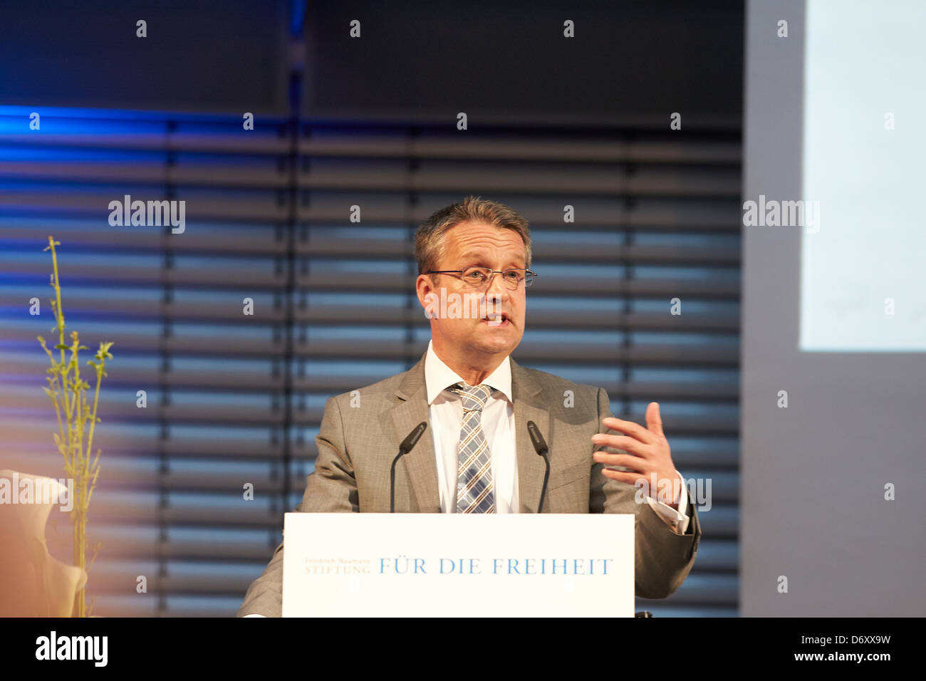 Berlin, 24 April, 2013. Gabor Steingart, a managing director of the newspaper 'Handelsblatt', holds the seventh 'Speech on Freedom at the Brandenburg Gate'. His topic: 'Our market economy and its enemies.' Wolfgang Gerhardt (FDP) gives the opening speech. Stock Photo