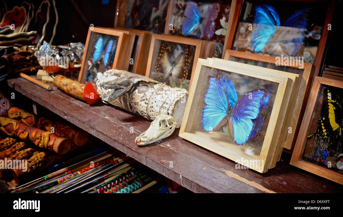 Amazon jungle souvenirs and gifts on sale in a tourist market. Iquitos