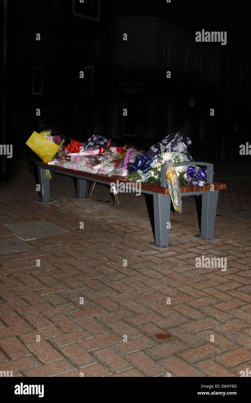 flowers left at site of alleged murder. Bridge Street, Worksop, Notts, England, UK Stock Photo