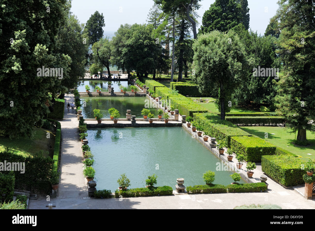 Villa d’Este. Tivoli. Italy. View of the magnificent landscaped and lush level gardens and fishponds at the Villa d Este in Tivo Stock Photo