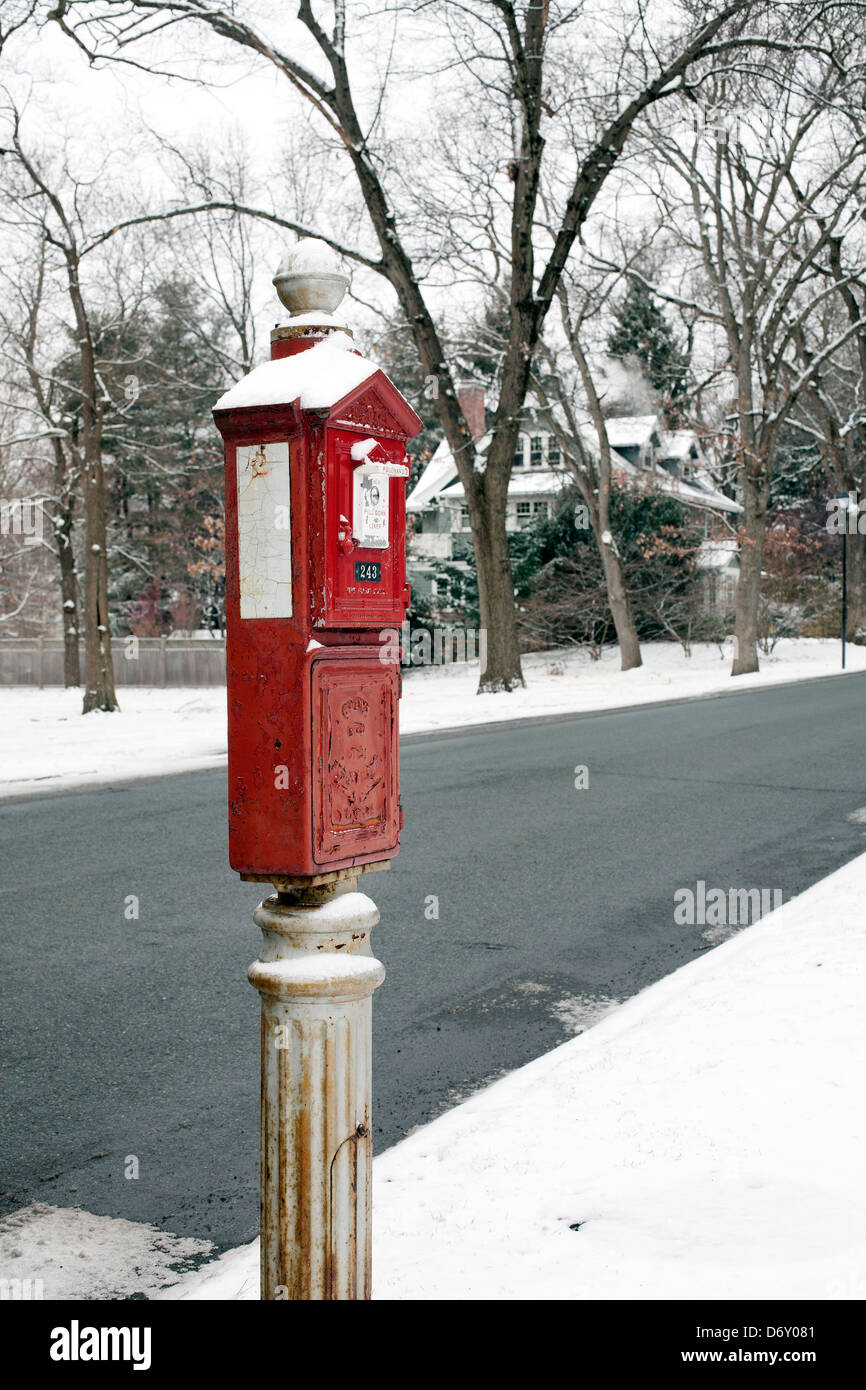 A vintage working fire alarm box can be seen on Abbott Street in