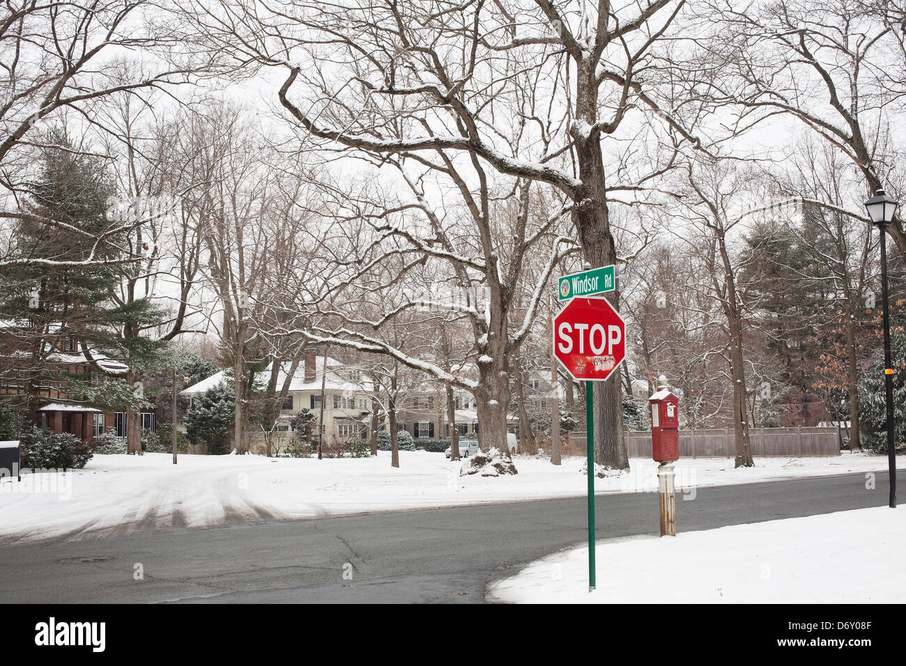 Tracks in the snow can be seen the street at an intersection on Abbott