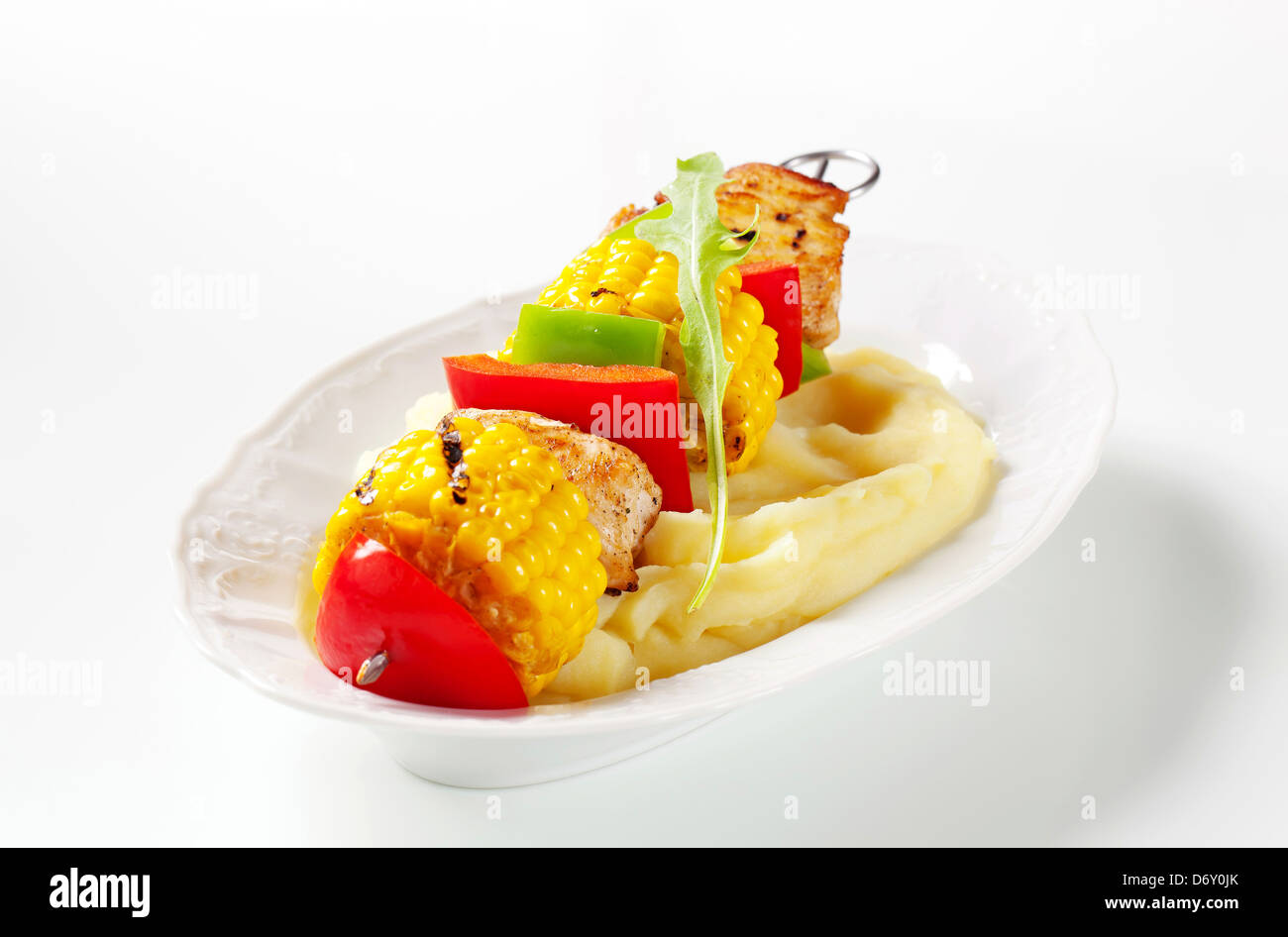 Shish kebab and mashed potato - detail Stock Photo