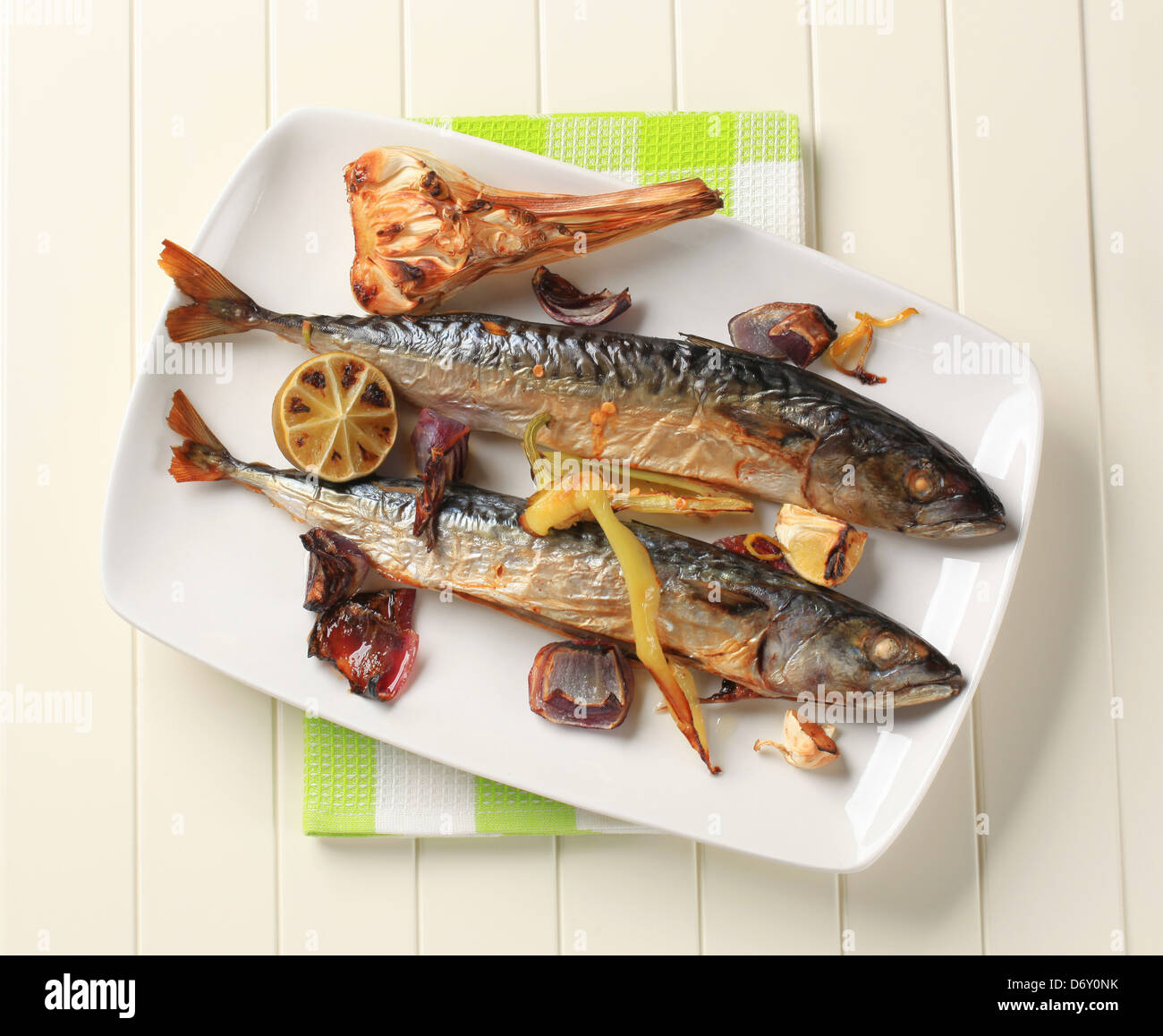 Oven baked mackerel and vegetables closeup Stock Photo Alamy