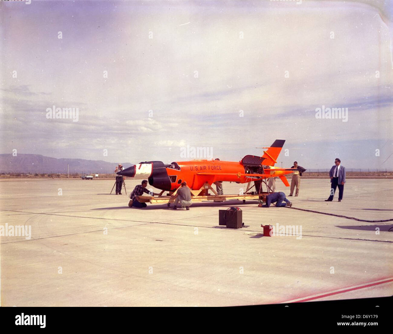 This image depicts a Ryan Aeronautical Firebee drone undergoing ...