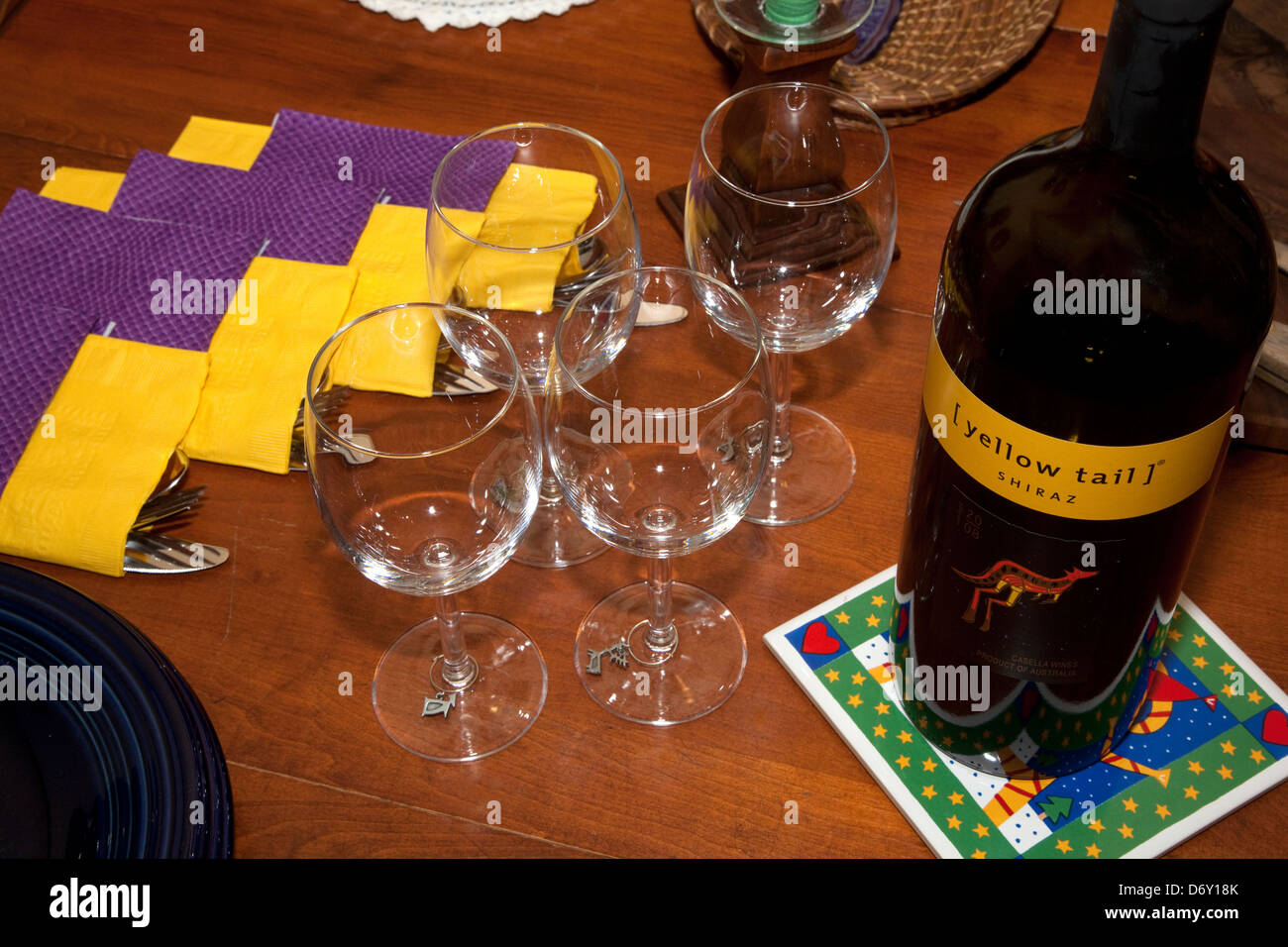 Grouping of wine glasses napkins and utensils on the table. St Paul Minnesota MN USA Stock Photo