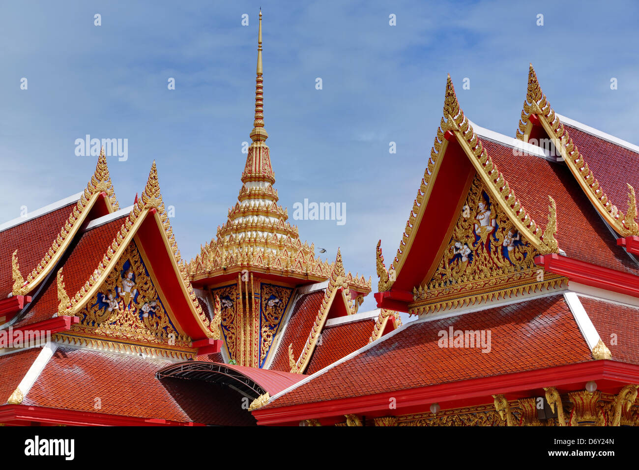 Thai big temple with red roof tiles Stock Photo